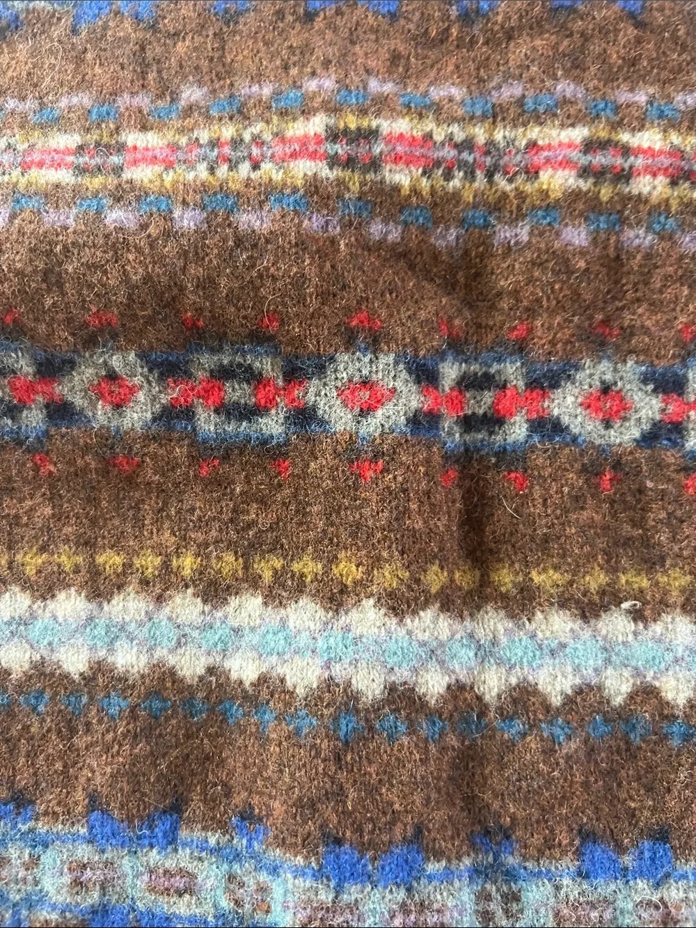 J. Crew Brown Fair Isle Crewneck Sweater with Blue and Cream Accents M